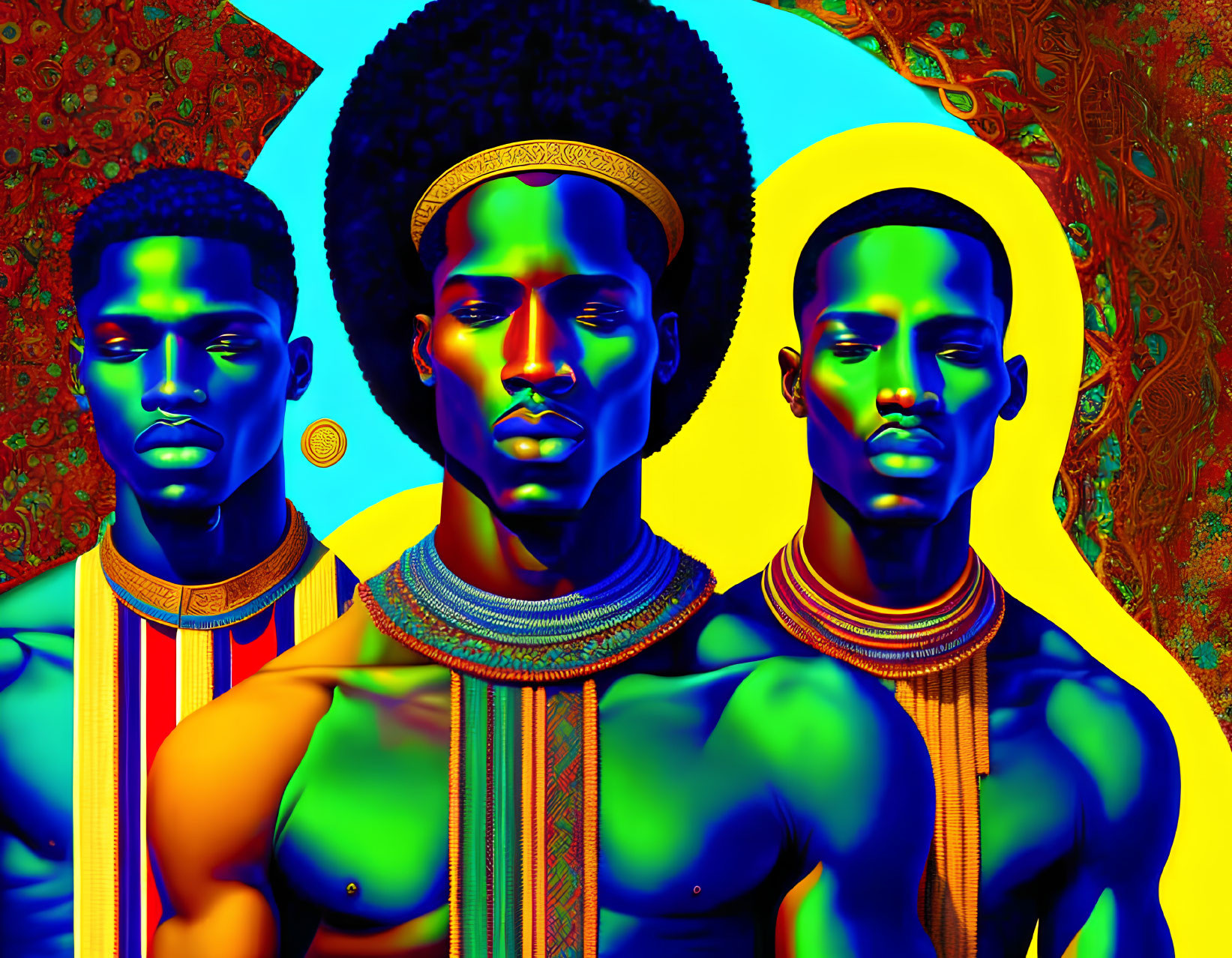 Colorful Psychedelic Male Figures with Afro Hairstyles and Tribal Necklaces