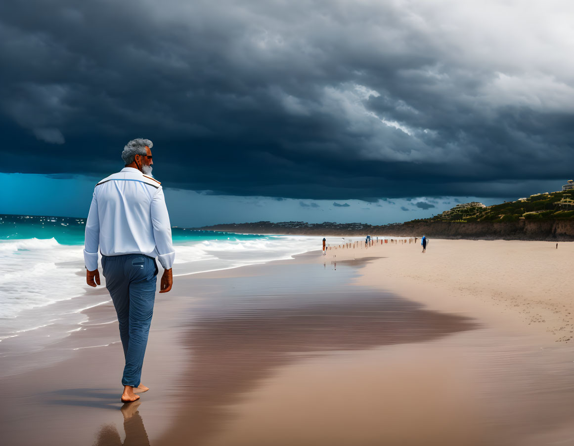 Man Walking Alone on Sandy Beach with Dark Storm Clouds and Ocean View