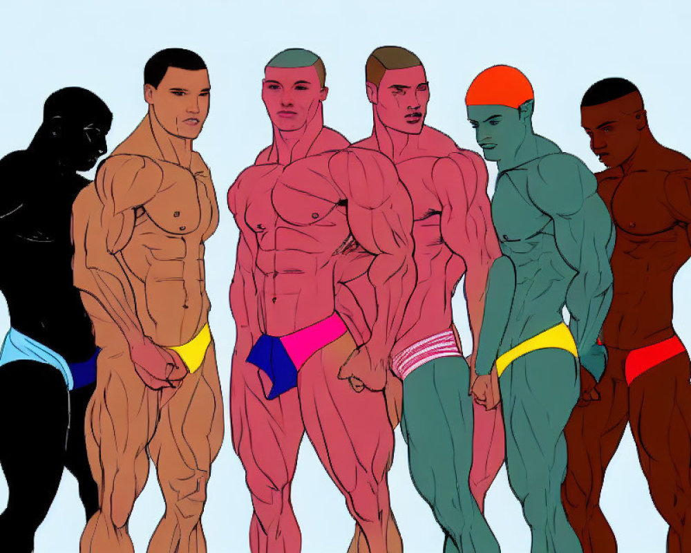 Six Muscular Male Figures in Colorful Briefs on Gradient Background