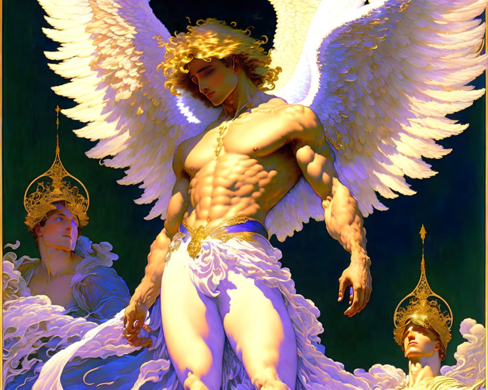 Golden-haired angel with large white wings and crown, flanked by two crowned figures on dark background