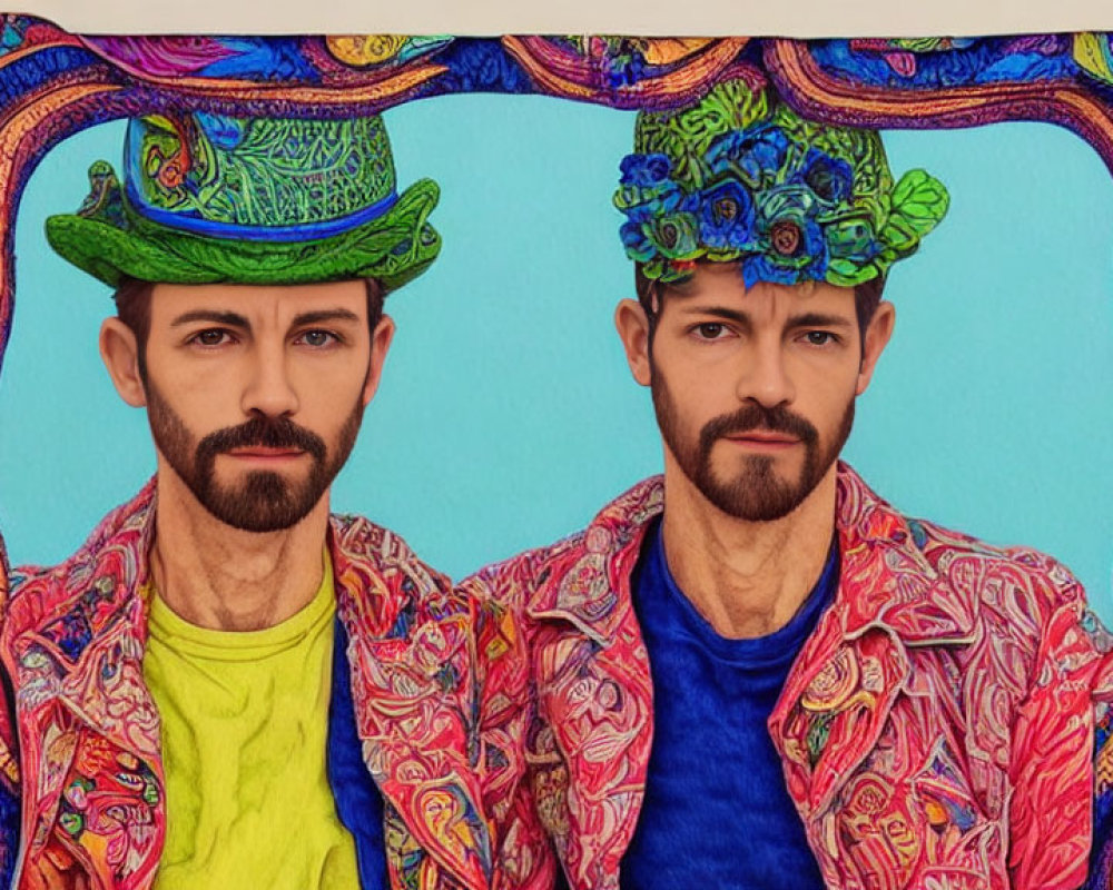 Two bearded men in colorful attire and ornate hats on vibrant backdrop.