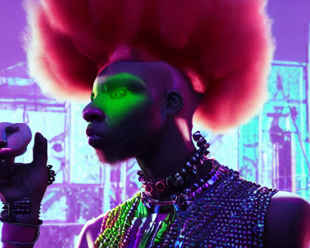 Vibrant red afro and green facial markings person holding an apple in purple neon-lit city
