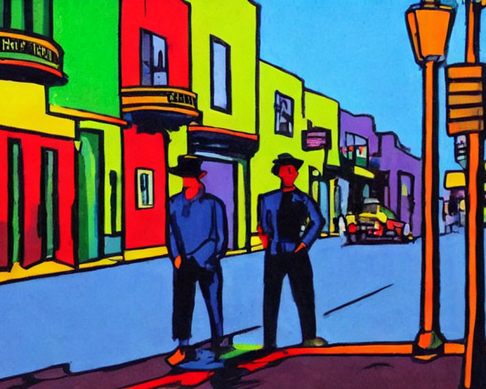 Vivid Street Scene with Silhouetted Figures and Colorful Buildings