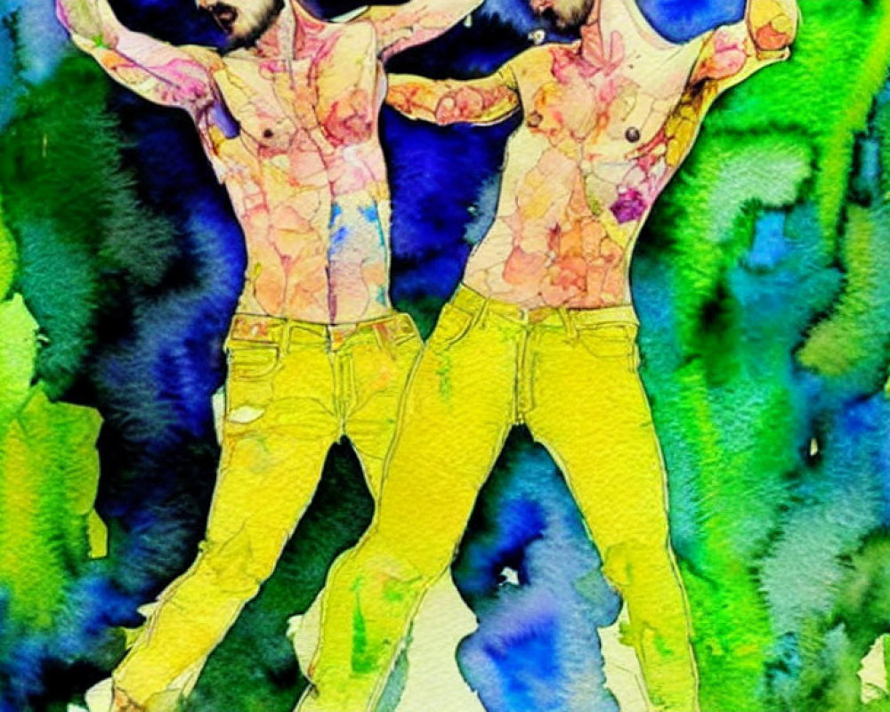 Mirrored dance pose on vibrant watercolor background