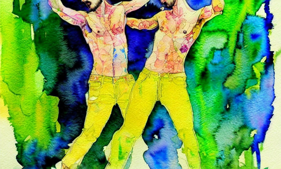 Mirrored dance pose on vibrant watercolor background