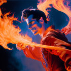 Person in Dramatic Orange and Blue Lighting Manipulating Intense Flames