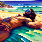 Man sunbathing on colorful beach towel in vibrant swim shorts