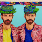 Two bearded men in colorful attire and ornate hats on vibrant backdrop.