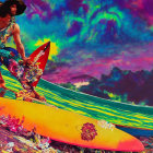 Colorful Digital Art: Surfer Riding Wave with Psychedelic Sky