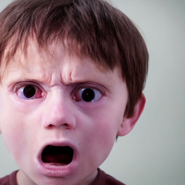 Wide-eyed child showing surprise or fear on neutral background