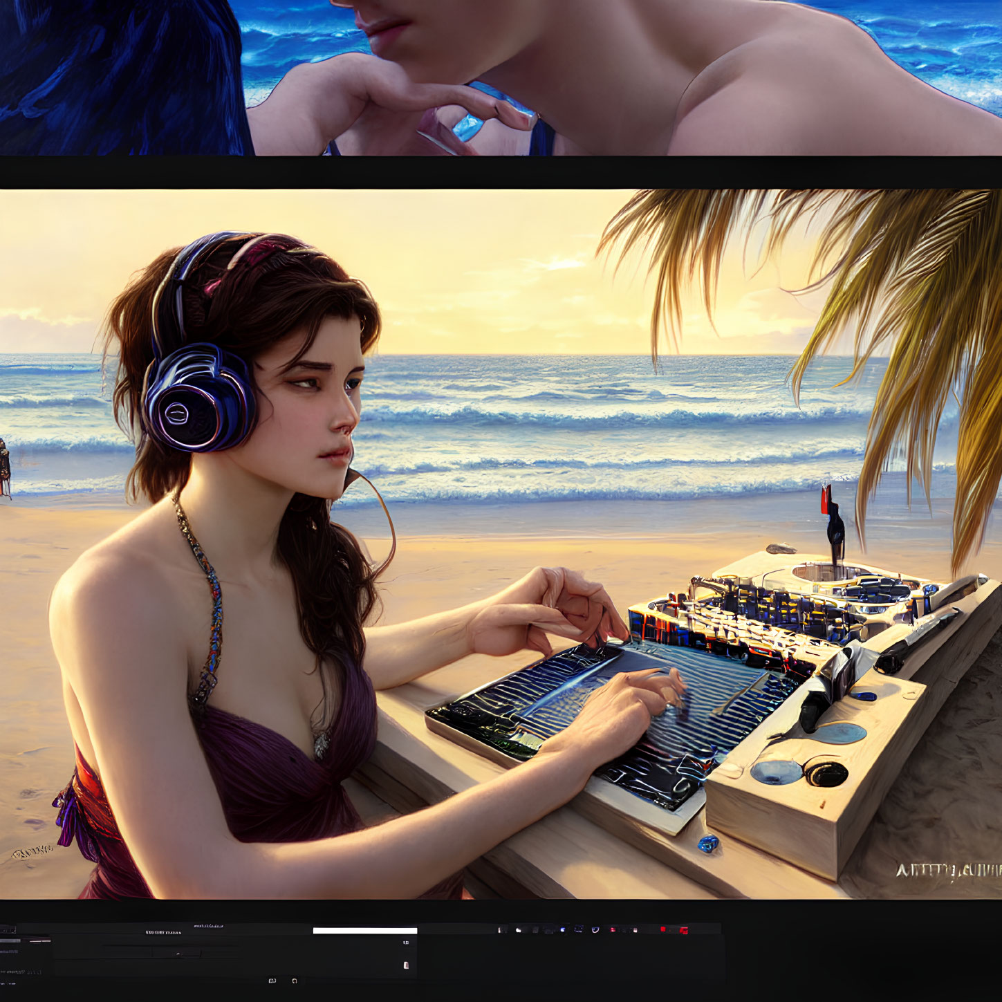 Young woman with headphones using DJ mixer on beach at sunset