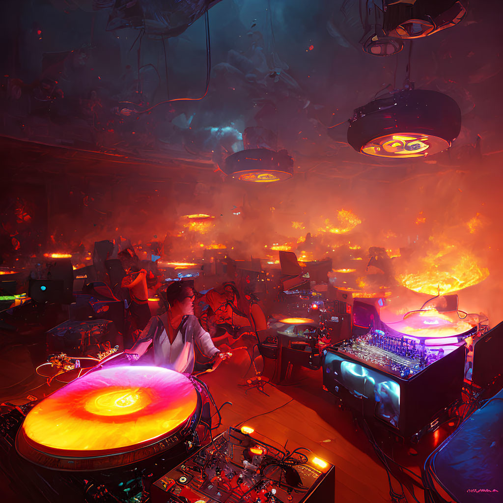 Futuristic DJ setup with orange lights and hovering disks