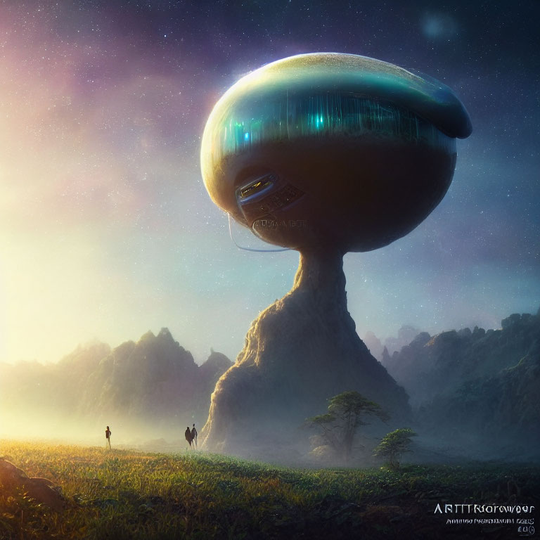 Futuristic mushroom-shaped structure under starry sky on grassy plain