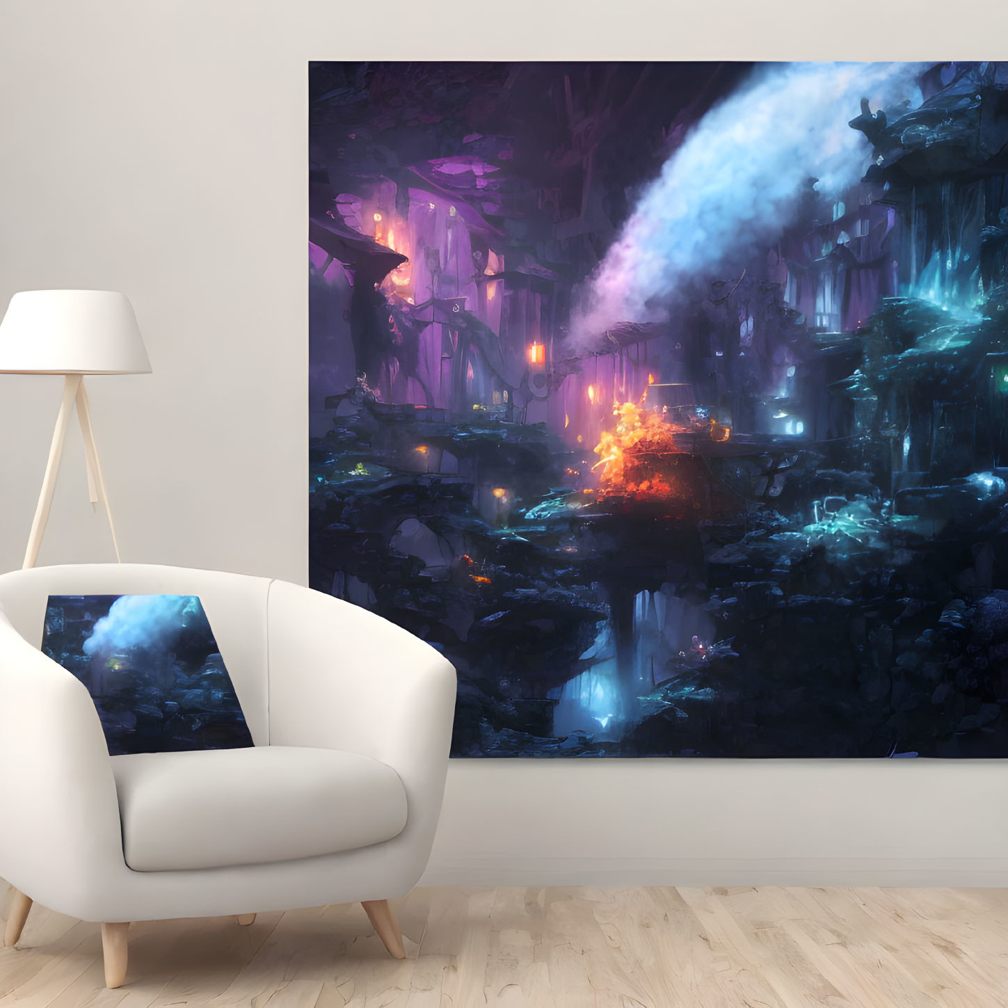 Colorful Fantasy Canvas in Modern Living Room with Mystical Cave Theme