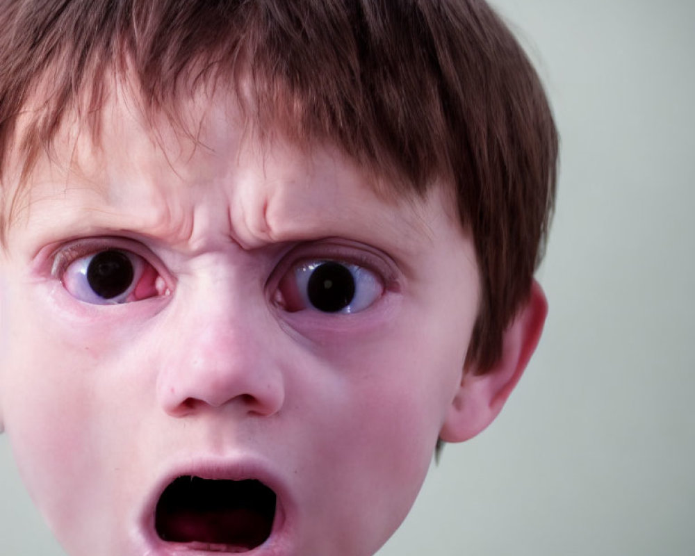 Wide-eyed child showing surprise or fear on neutral background