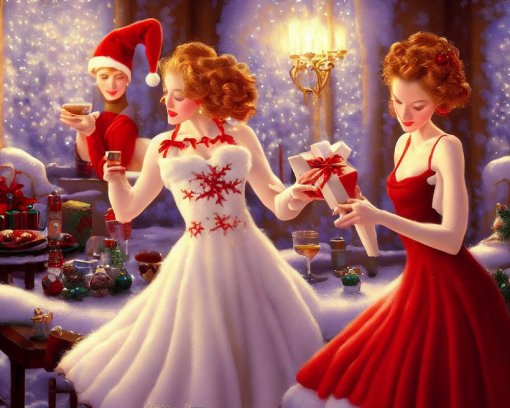 Two women in red dresses celebrate Christmas with a man in a Santa hat nearby