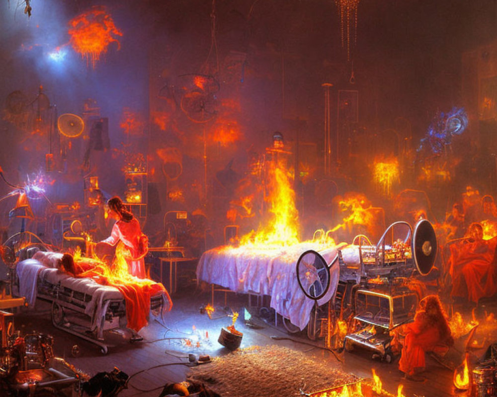 Fiery retro-futuristic room with phantom figures and person on lit table