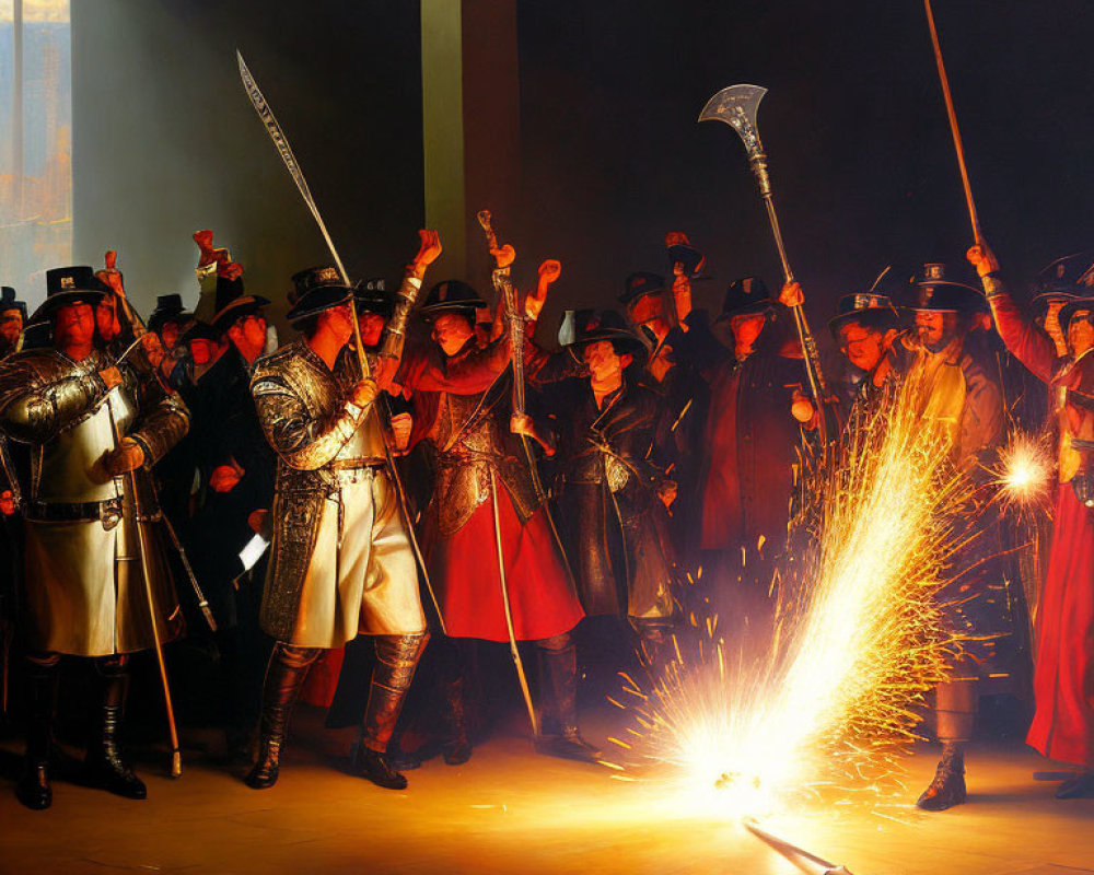 Historical reenactors in period costume conducting a sparking experiment
