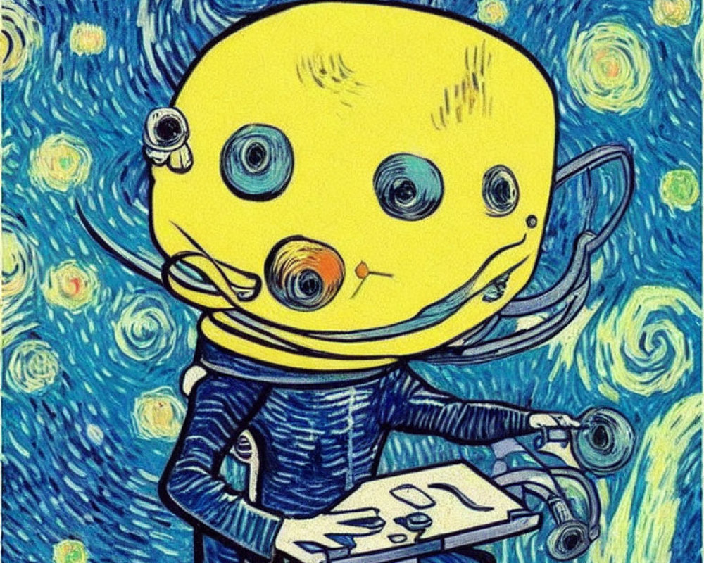 Humanoid in Spacesuit with Van Gogh-Inspired Yellow Helmet
