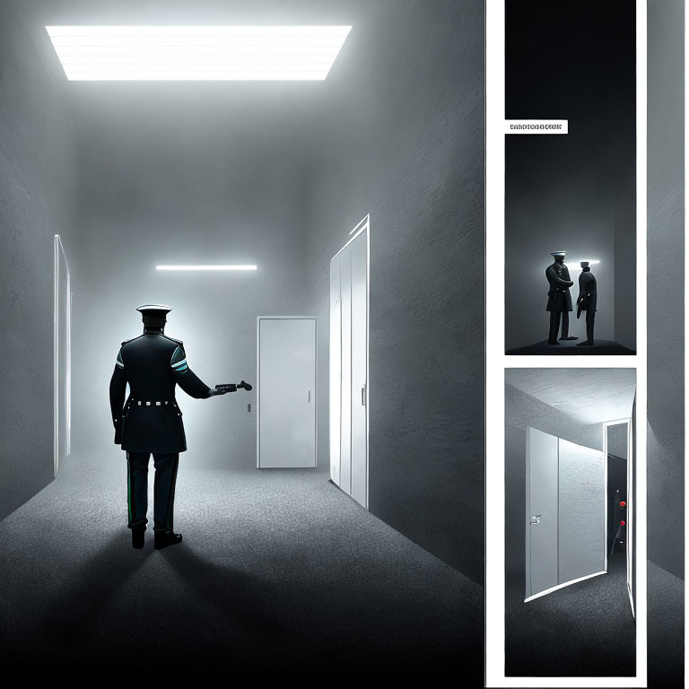Surreal image of uniformed figure in hallway with multiple doors