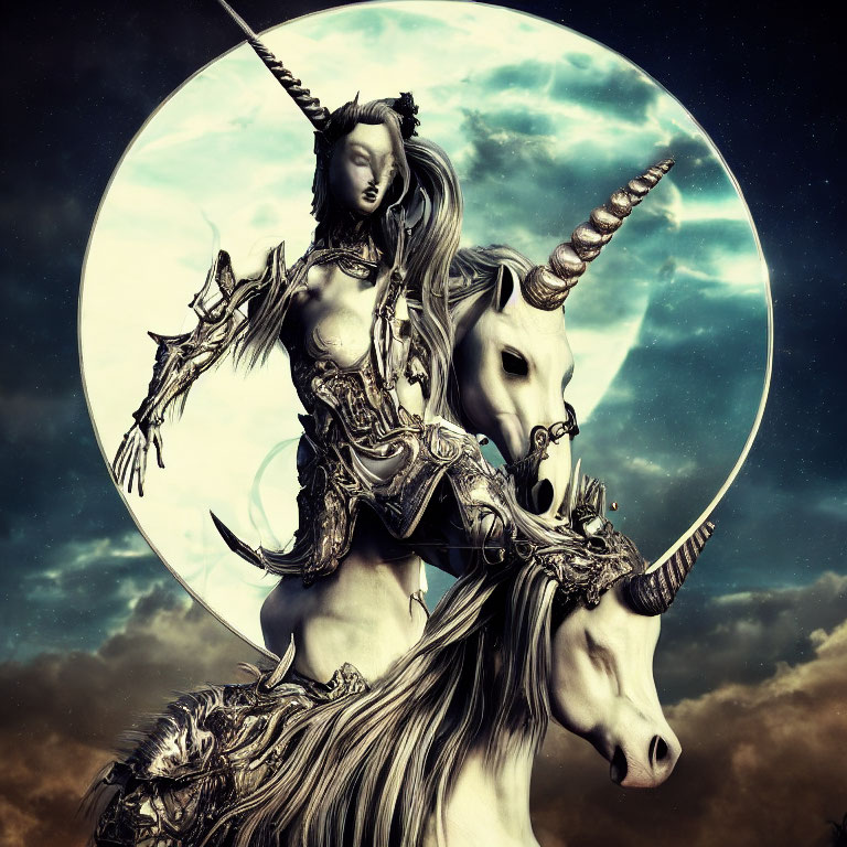 Fantasy artwork of warrior woman on white unicorn under moonlit sky