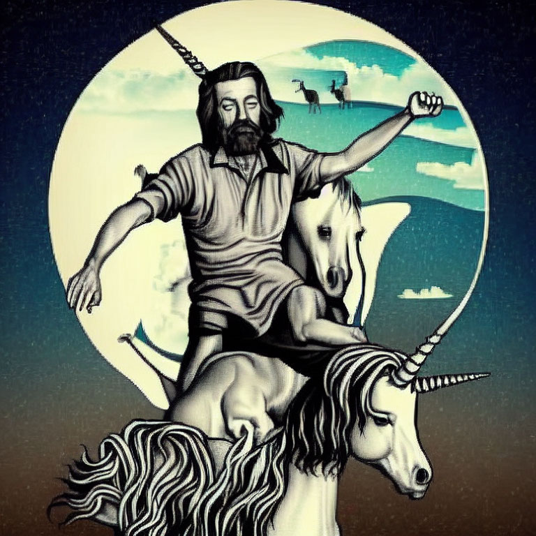 Man riding two unicorns with clouds and camels in circular frame