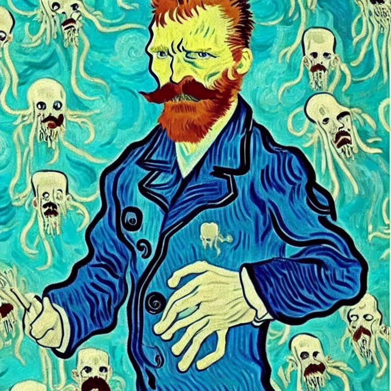 Stylized portrait in Van Gogh style with bearded figure and skull-like figures