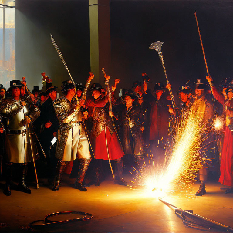 Historical reenactors in period costume conducting a sparking experiment
