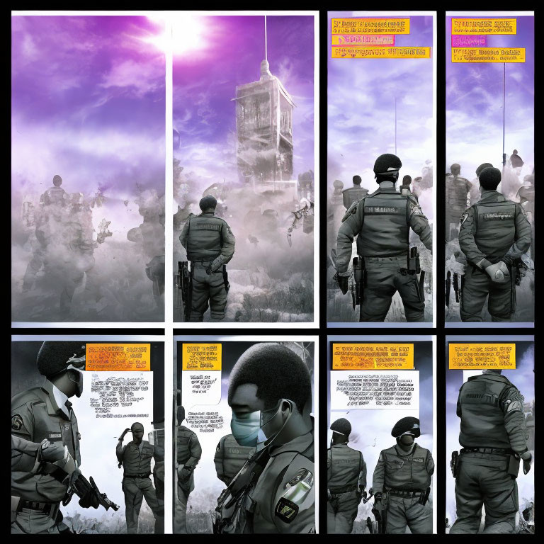 Soldiers in Tactical Gear in Dramatic Nine-Panel Comic Strip