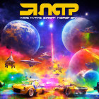 Colorful Sci-Fi Album Cover with Yellow and Orange Cars, Spacecraft, Planets, and Alien