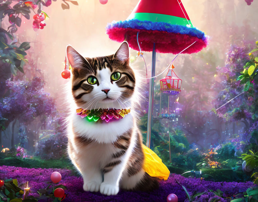 Colorful Ornaments Cat under Vibrant Umbrella in Dreamy Flower Landscape