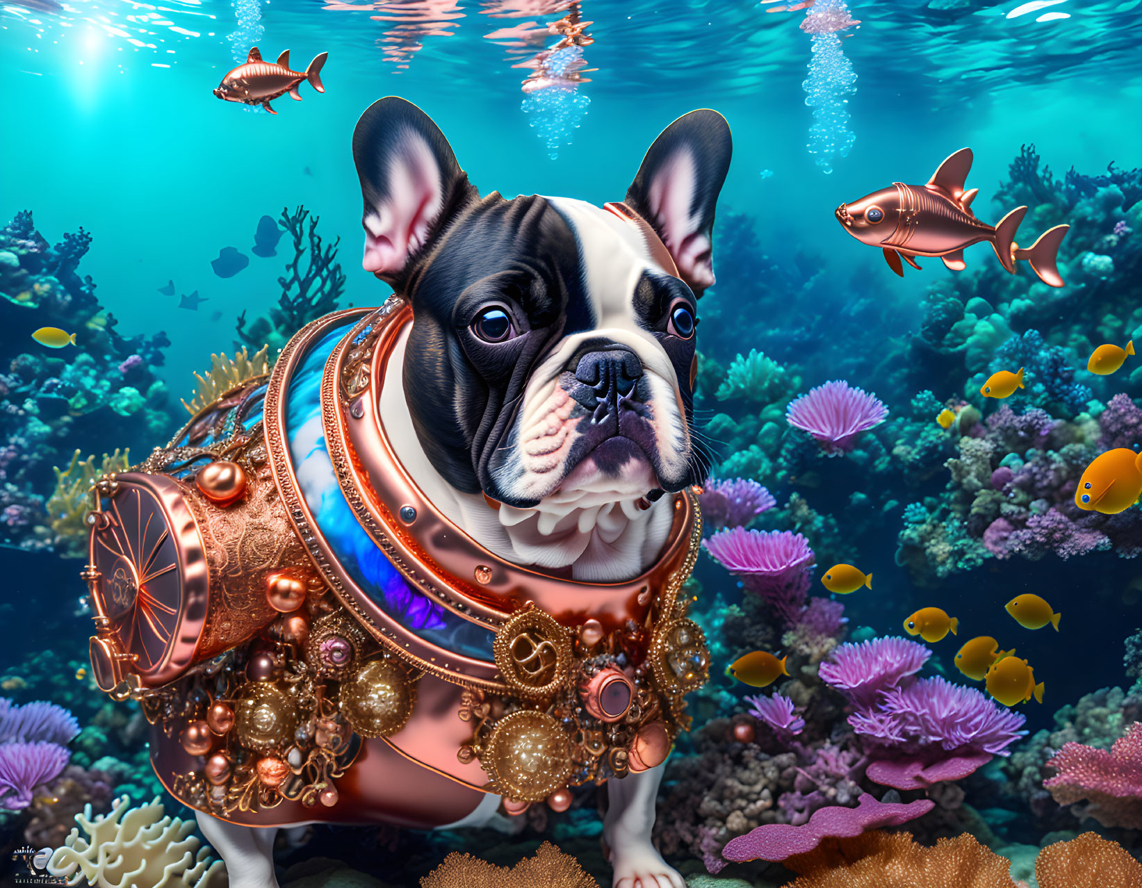 Digital Artwork: French Bulldog in Steampunk Submarine Suit surrounded by Underwater Coral &