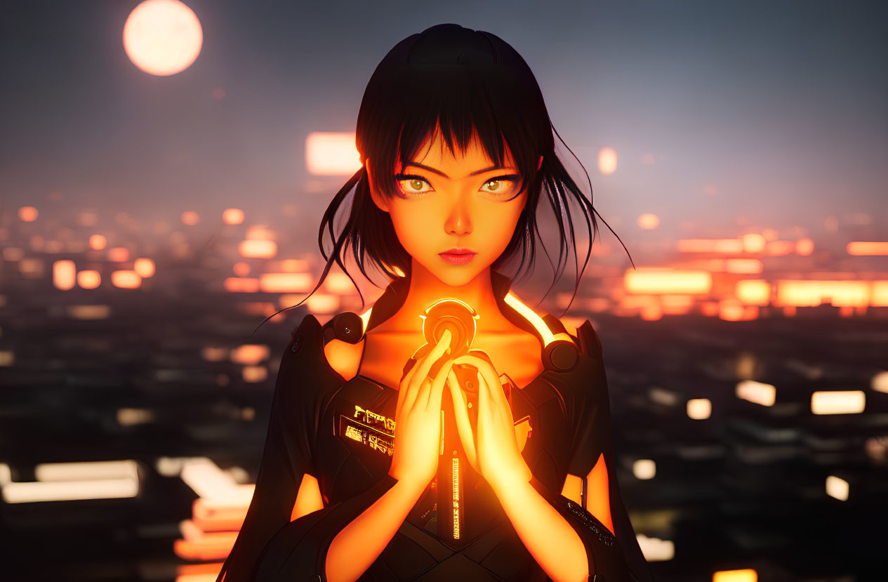 Animated female character with short black hair holding glowing sphere in futuristic cityscape at sunset