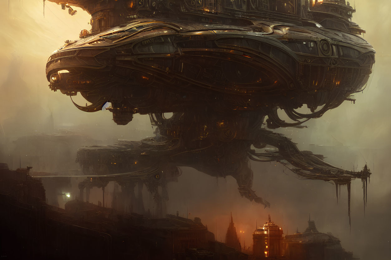 Intricate spaceship over dystopian city with golden haze