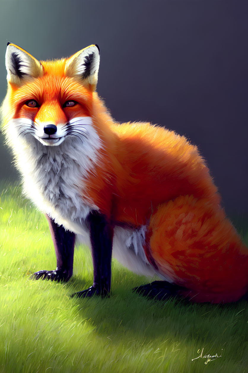 Vivid digital painting of a red fox on grassy terrain
