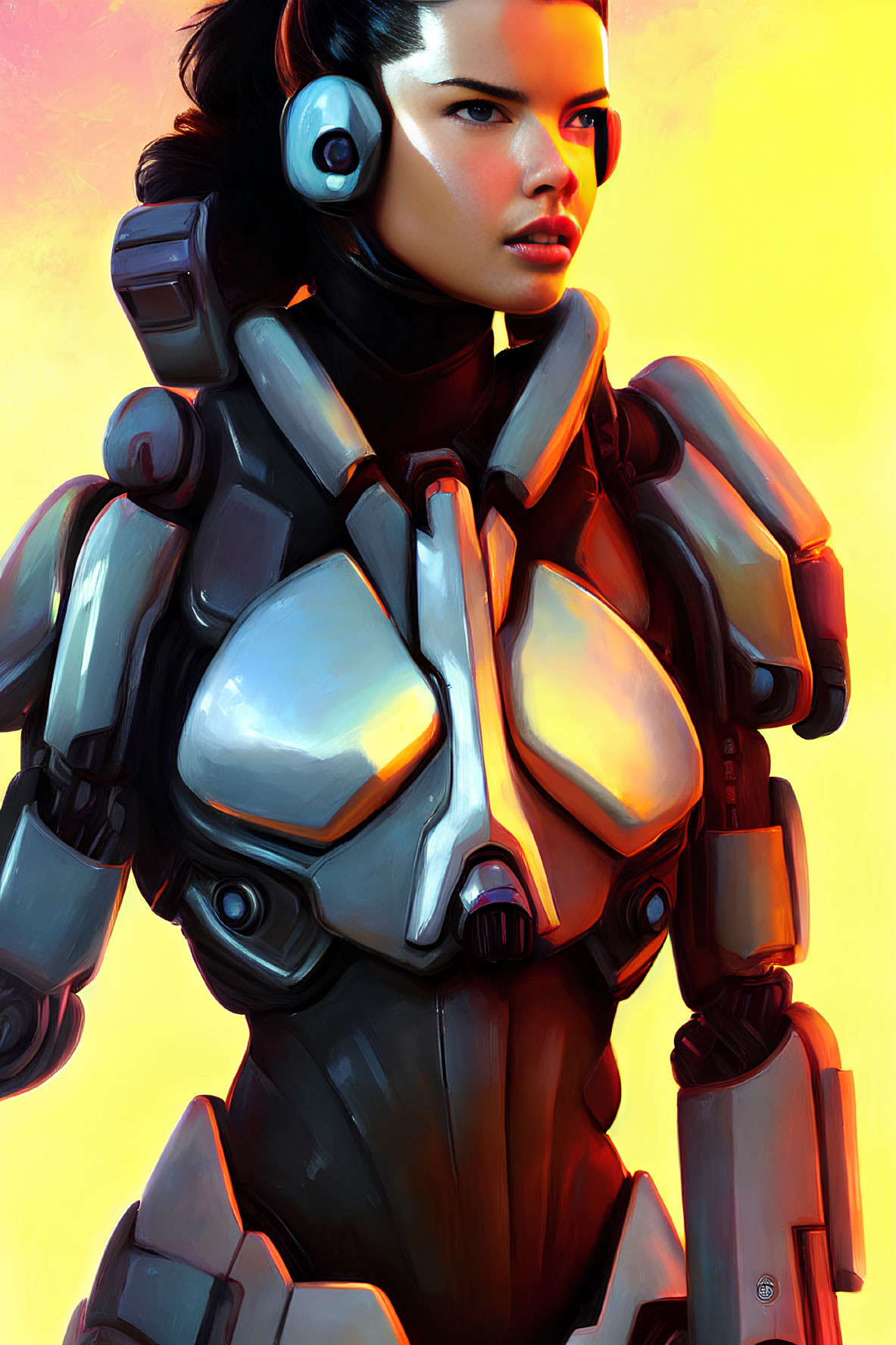 Digital Artwork: Woman in Futuristic Armor on Warm Background