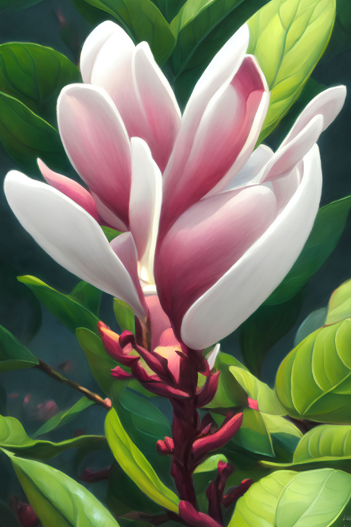 Colorful magnolia flower illustration with green leaves and buds.