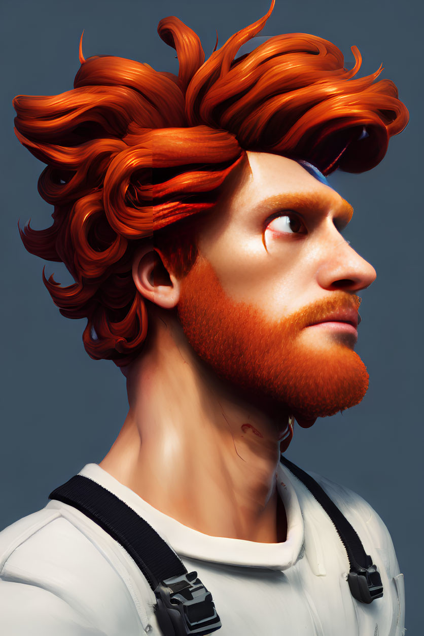 Voluminous red hair and beard man digital art profile on grey background