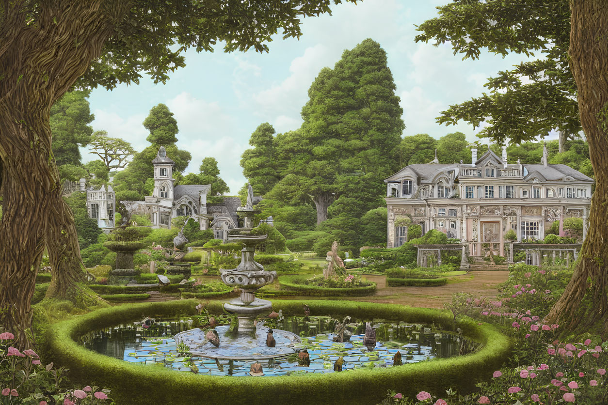 Ornate fountains and grand manor house in lush garden landscape