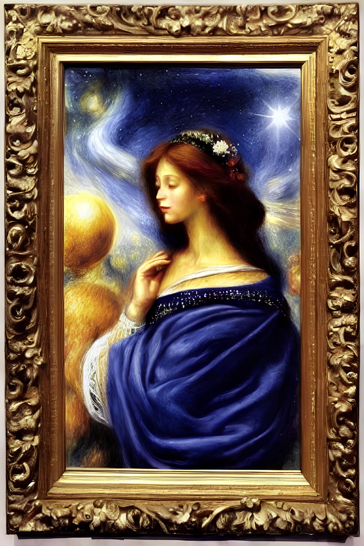 Golden framed painting of woman in blue dress with celestial hair and glowing orb