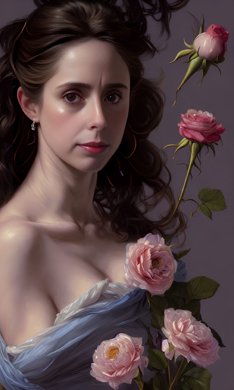 Dark-haired woman in blue dress holding pink roses against muted background