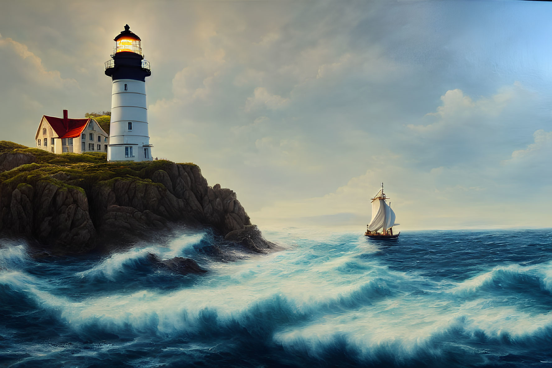 Rocky cliffs lighthouse, house, sailboat, turbulent sea, cloudy sky