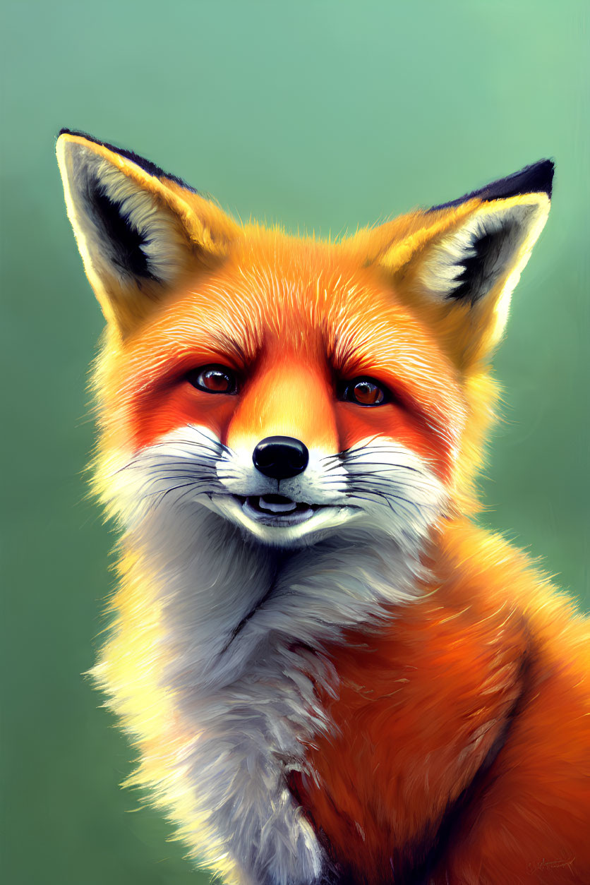 Detailed red fox digital painting with bright orange fur and captivating eyes on soft green backdrop