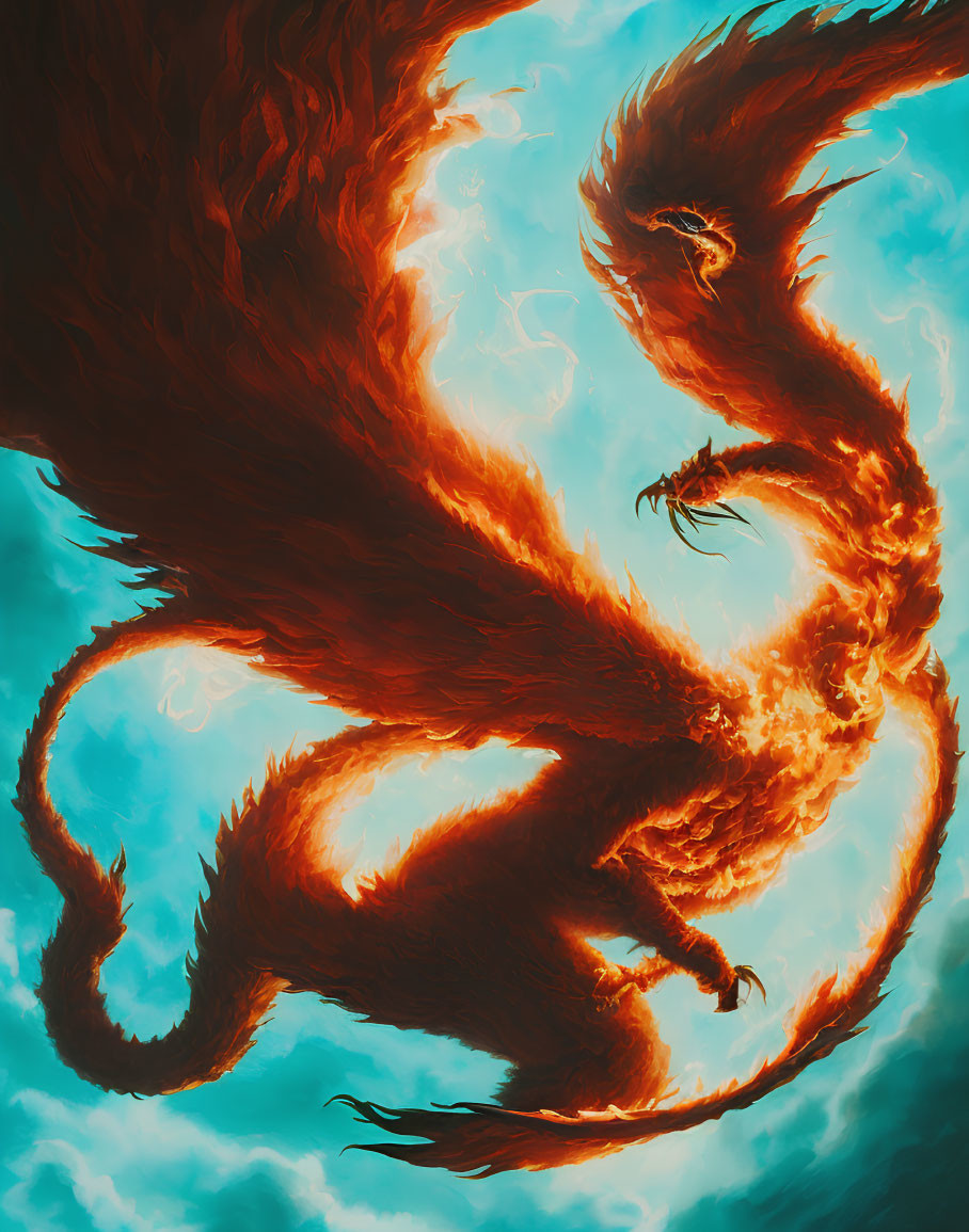 Majestic fiery dragon in mid-air against vibrant teal sky