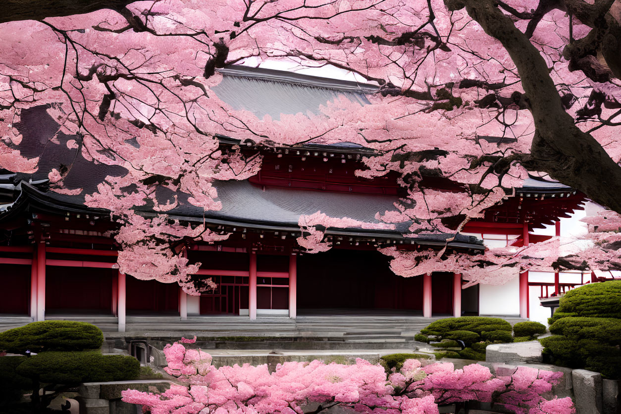 Japanese Temple with Red Structures Amid Pink Cherry Blossoms