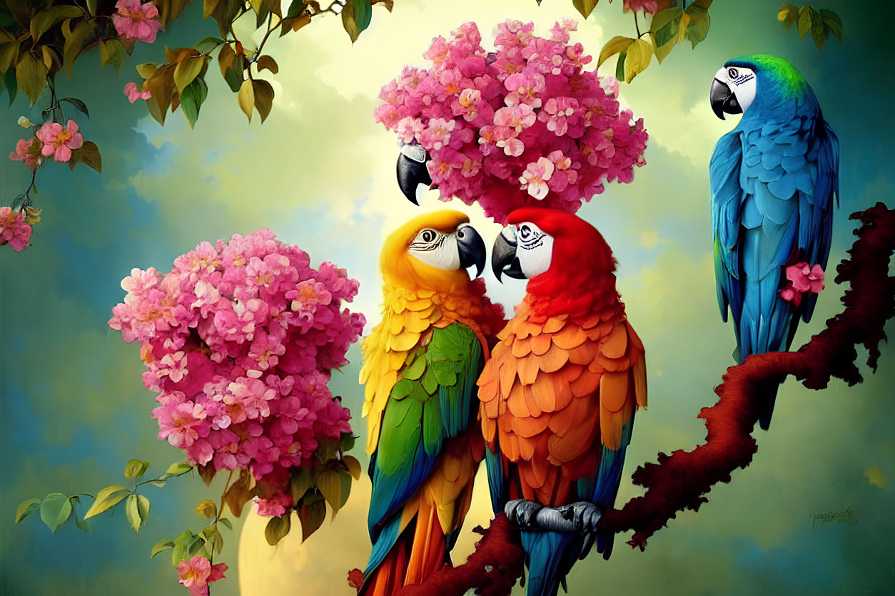 Vibrant parrots on flowering tree branch in blue sky