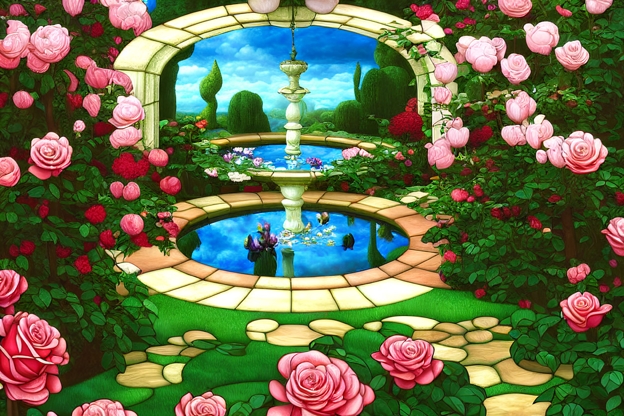 Tranquil garden scene with archway, roses, pond, and fountain