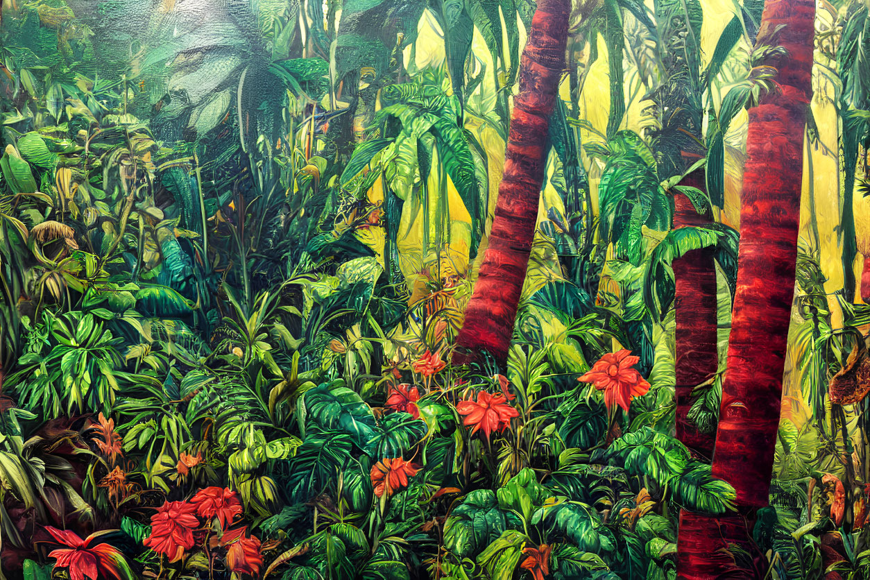 Colorful Jungle Painting with Red-Barked Trees and Bright Red Flowers