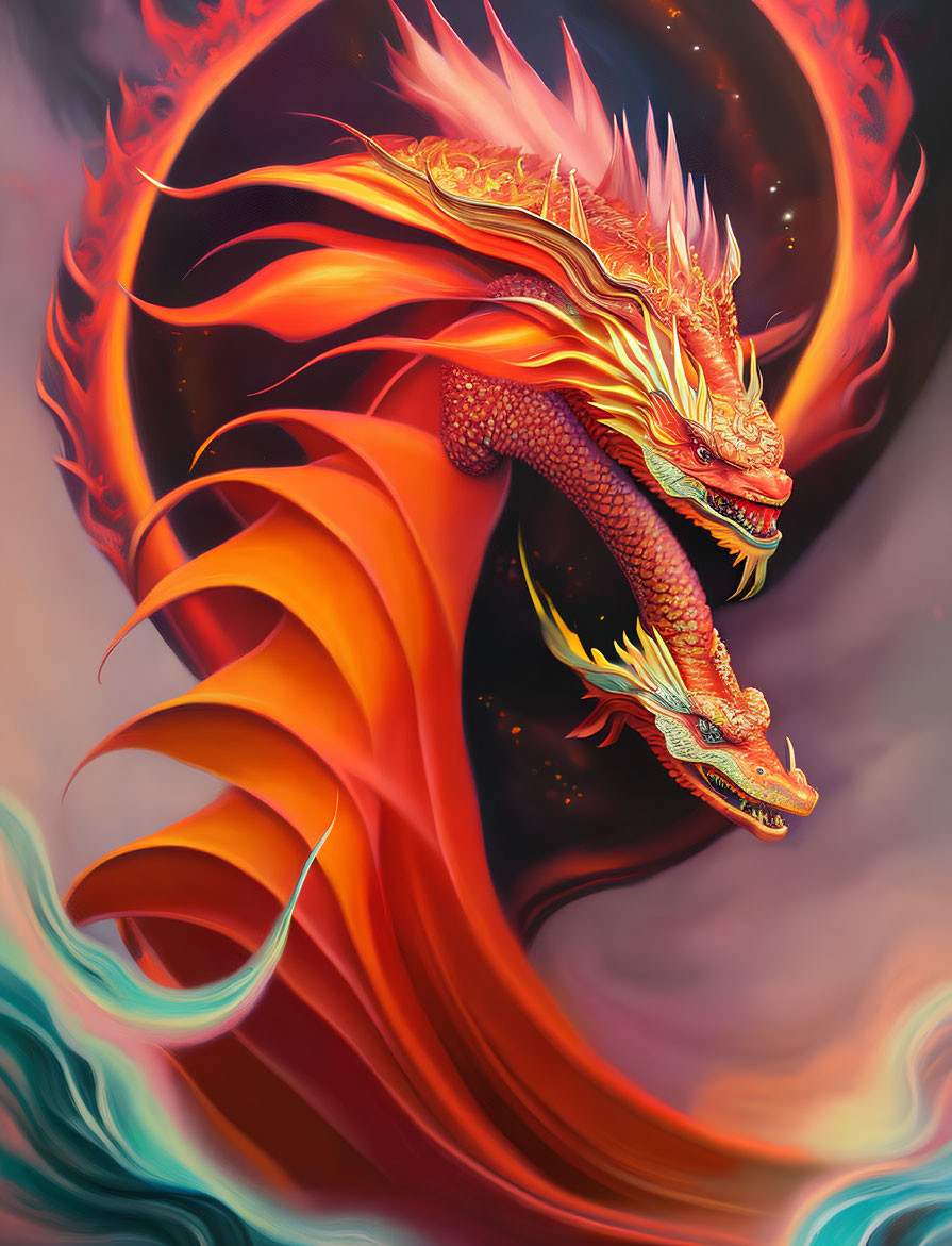 Fiery dragon with golden horns and scales in red, orange, and gold swirls