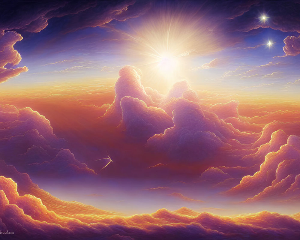 Celestial dreamscape with radiant sun and purple-tinged sky